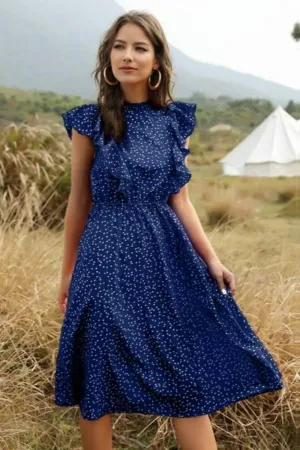 Spring Love Floral Print Ruffle Blue Midi Dress