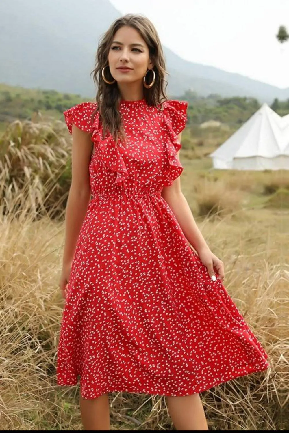 Spring Love Floral Print Ruffle Blue Midi Dress
