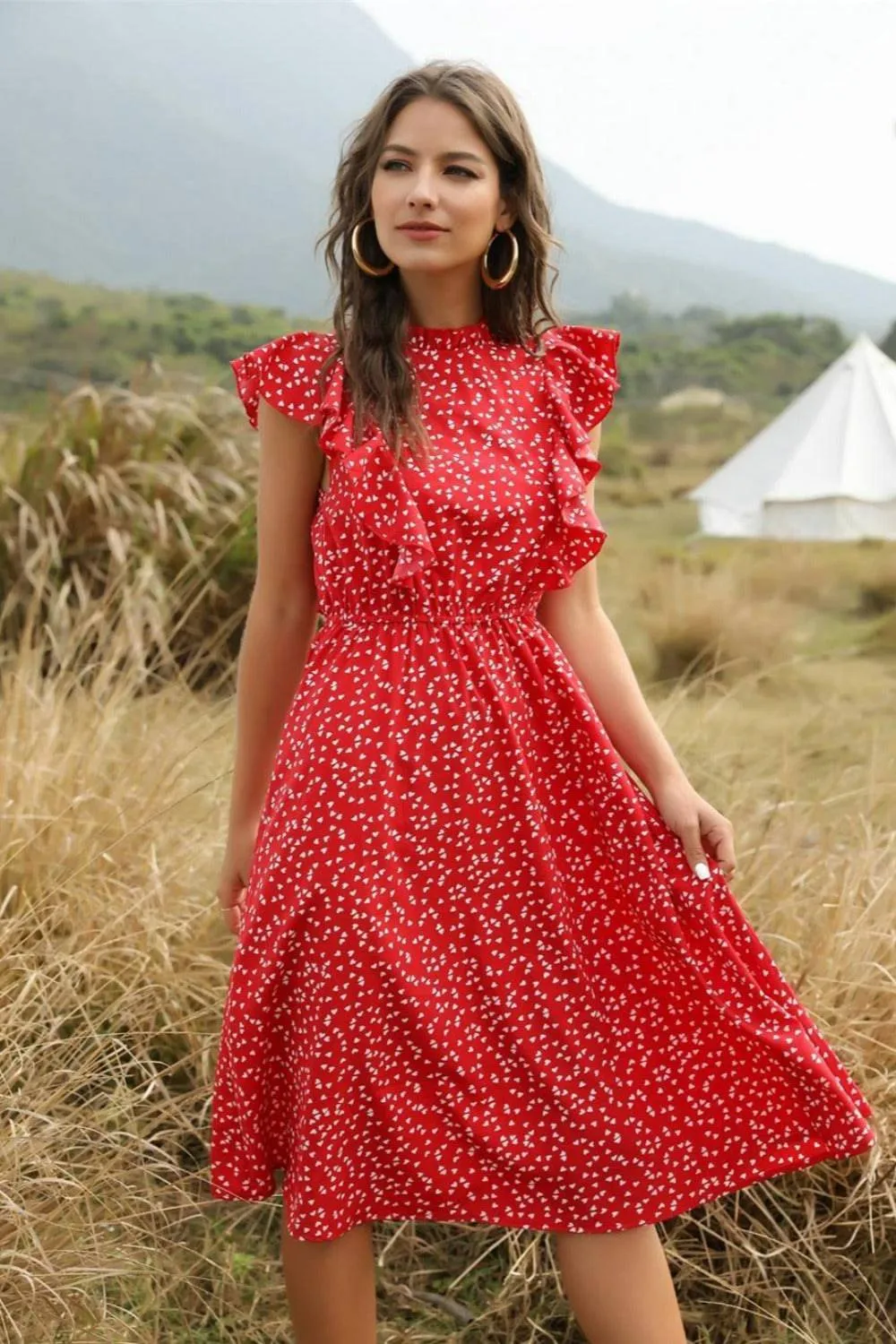 Spring Love Floral Print Ruffle Blue Midi Dress
