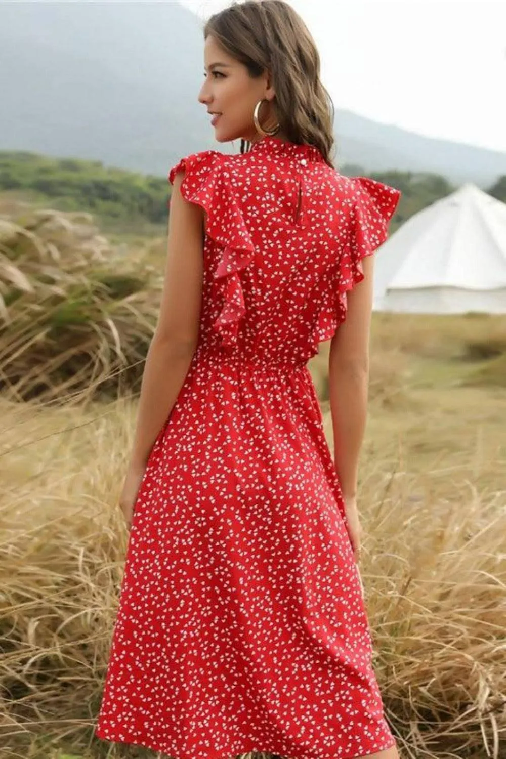 Spring Love Floral Print Ruffle Blue Midi Dress