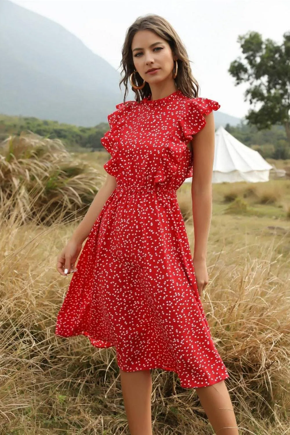 Spring Love Floral Print Ruffle Blue Midi Dress