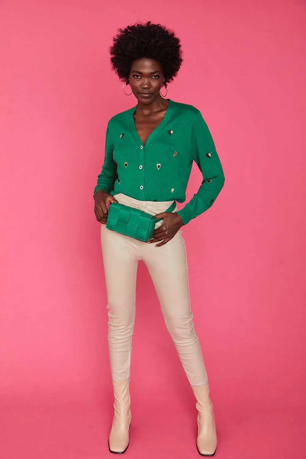 Stylish “Love Heart” Blended Cashmere and Banana Peel Cardigan, Green