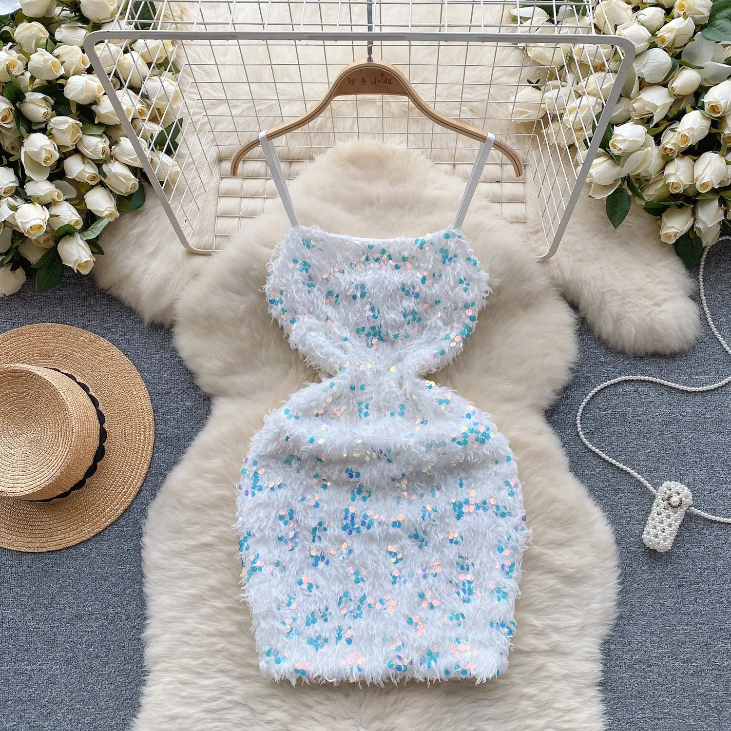 Sweetie Sequined Furry Slip Dress