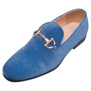 Teal Men's Velvet Shoes Fashion Design Loafer with Gold Buckle Style No-9100