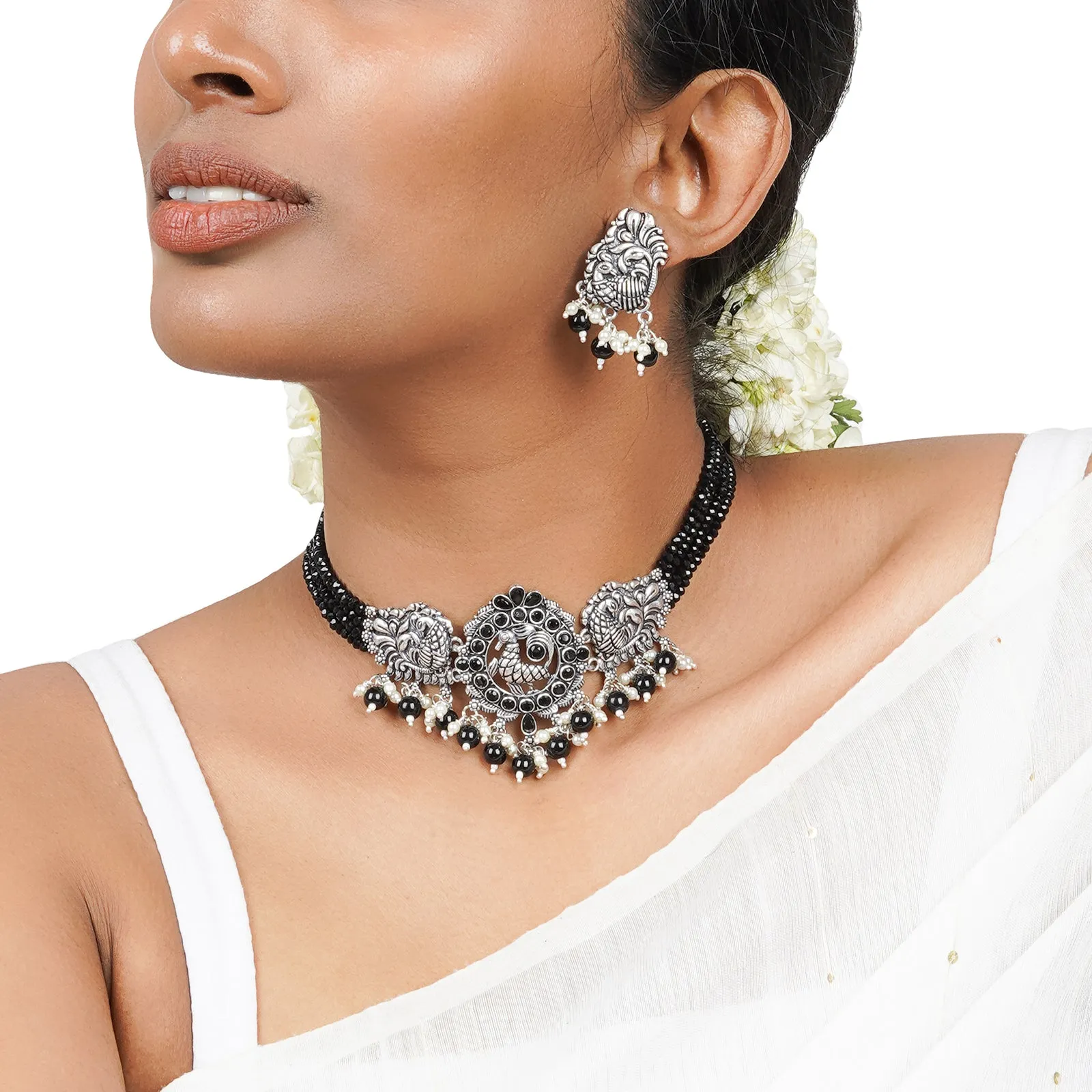 Teejh Darshika Silver Oxidised Pearl and Black Stones Choker Necklace Set