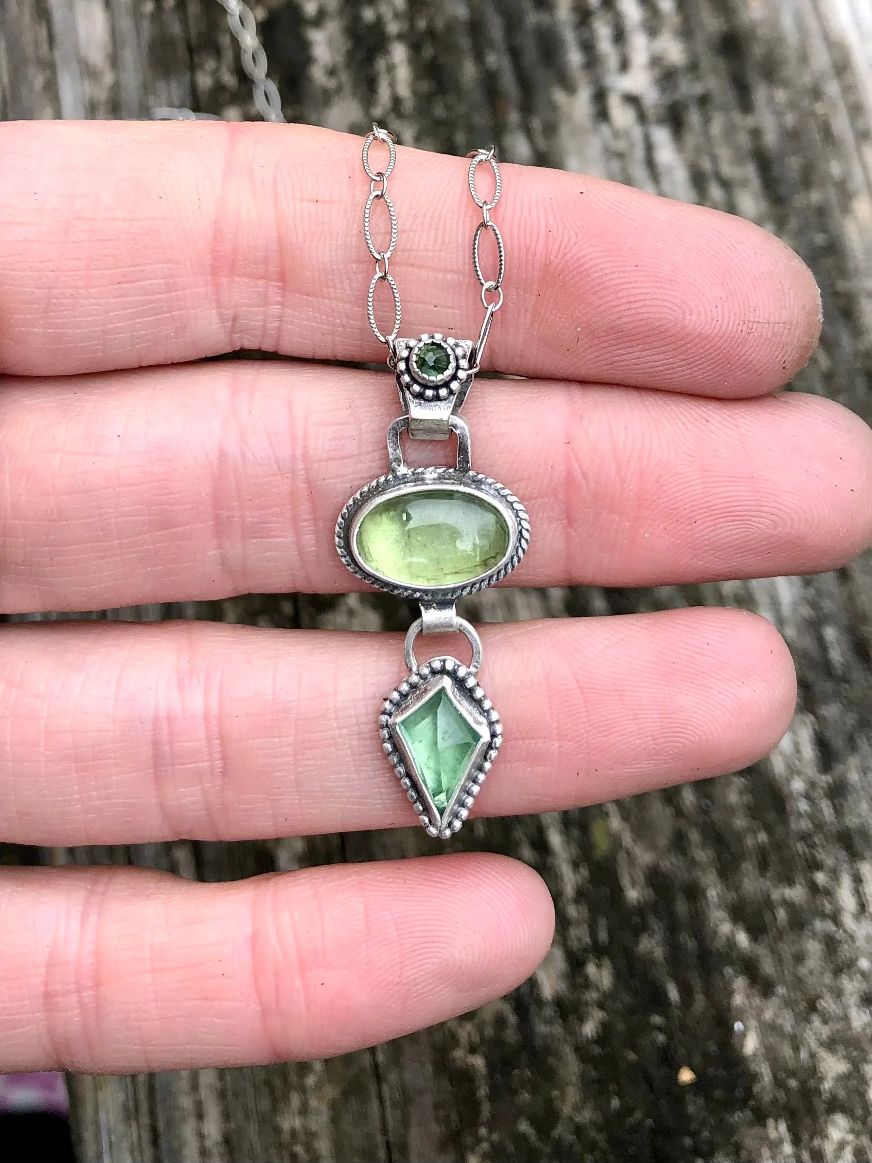Three Green Gem Drop Necklace