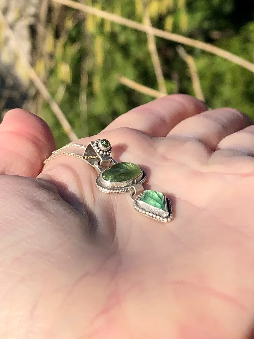 Three Green Gem Drop Necklace