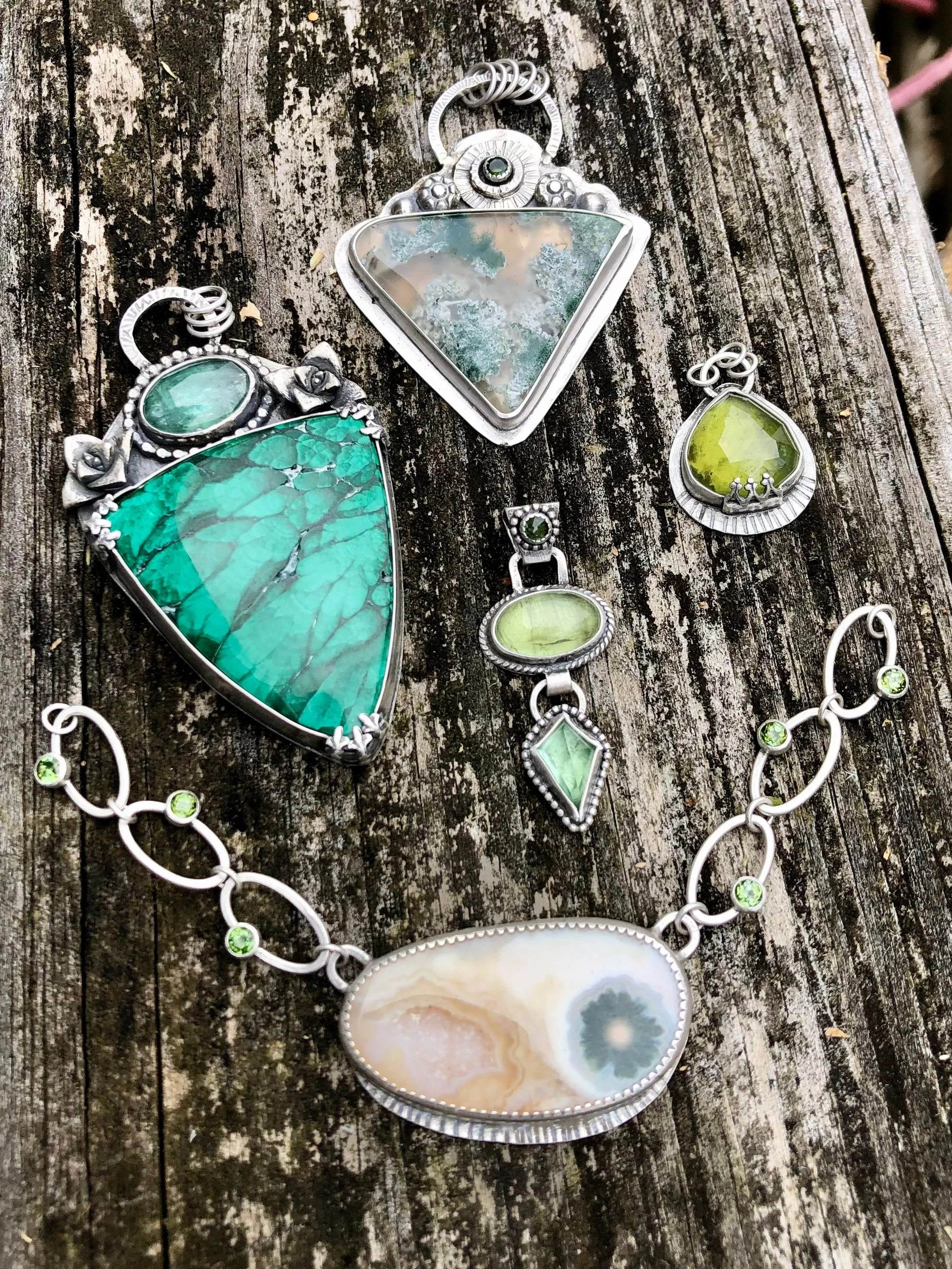 Three Green Gem Drop Necklace