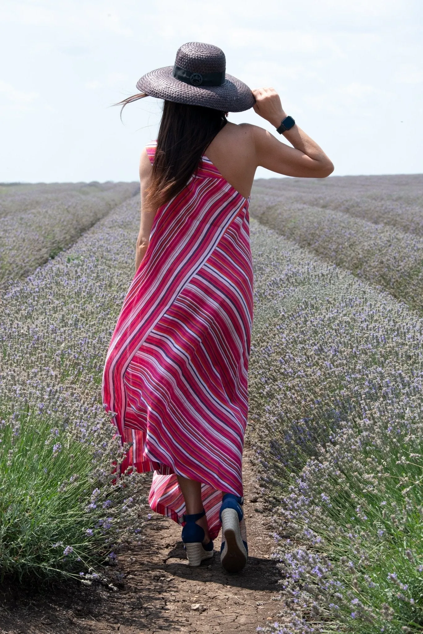 TIFFANY Pink Stripes Linen Dress With One Shoulder