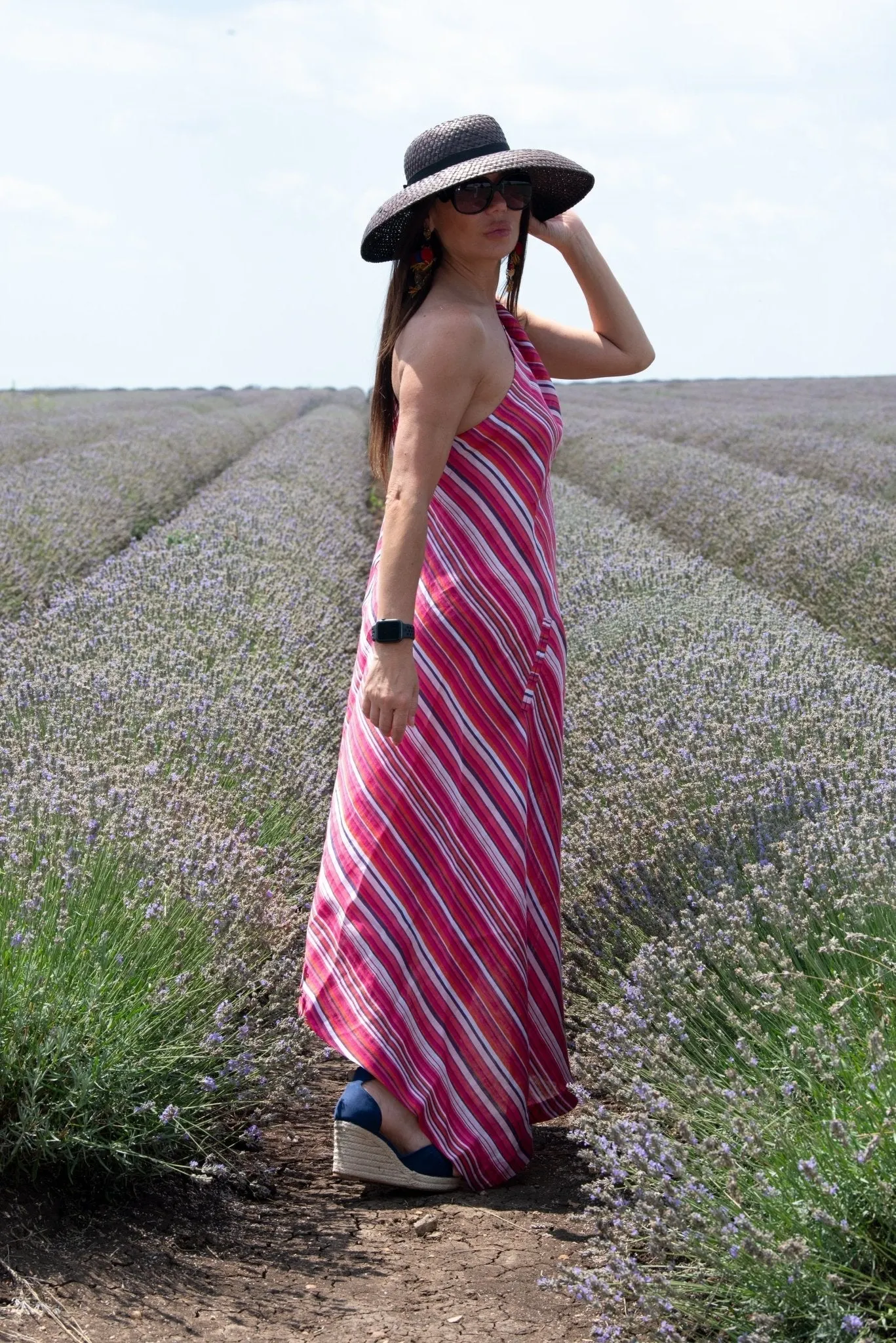 TIFFANY Pink Stripes Linen Dress With One Shoulder