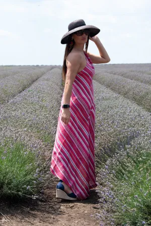 TIFFANY Pink Stripes Linen Dress With One Shoulder