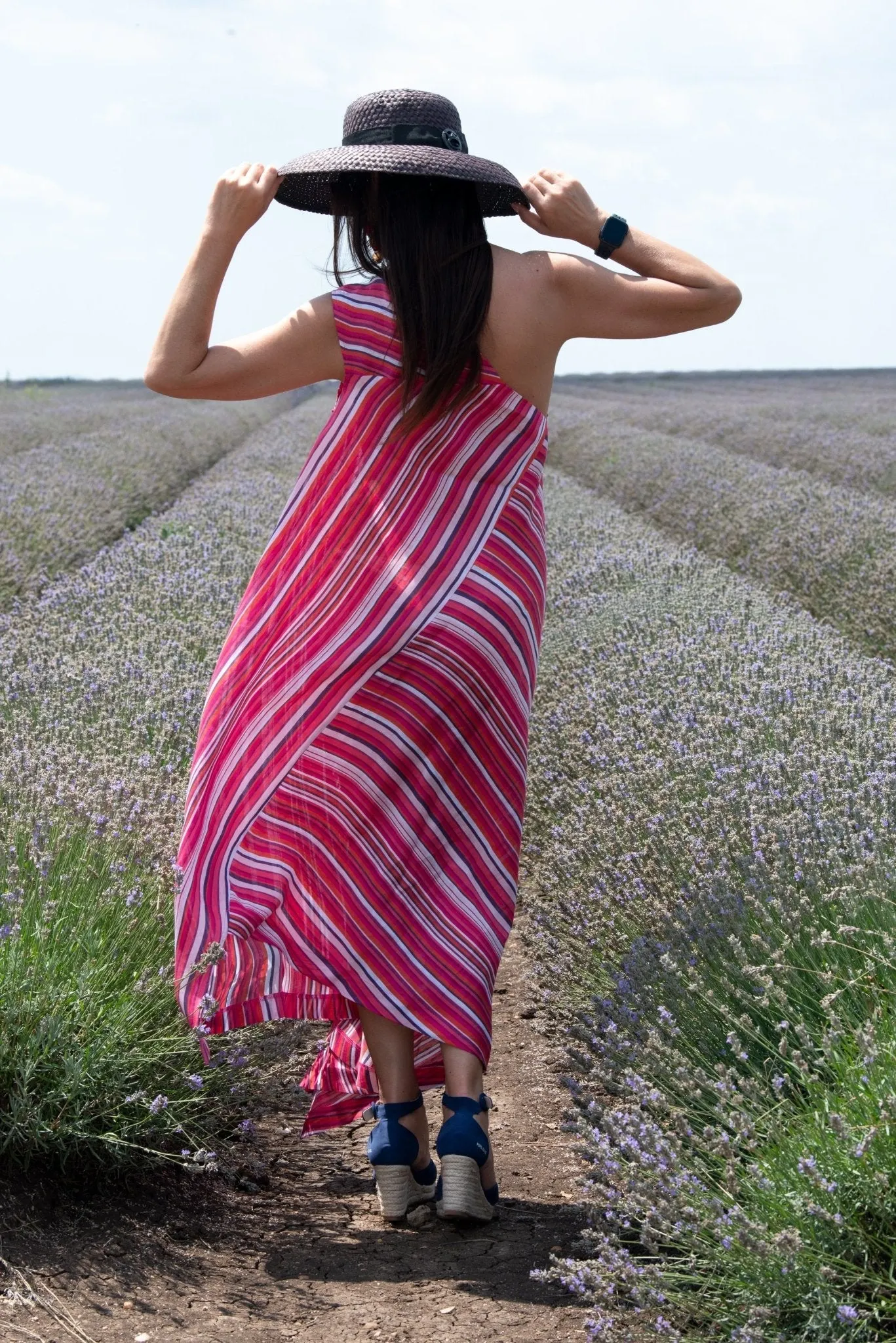 TIFFANY Pink Stripes Linen Dress With One Shoulder