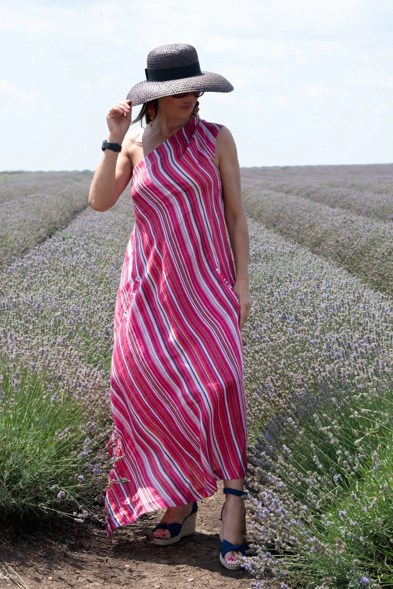 TIFFANY Pink Stripes Linen Dress With One Shoulder