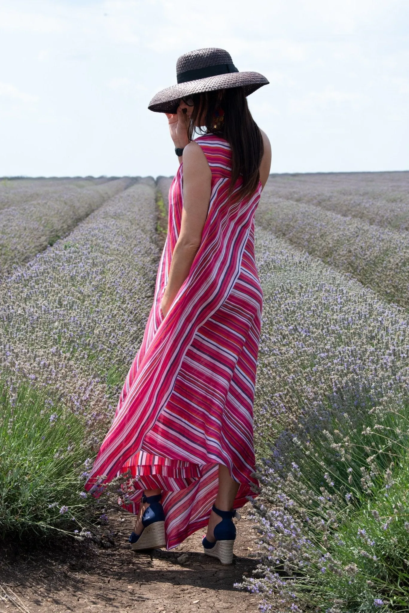 TIFFANY Pink Stripes Linen Dress With One Shoulder