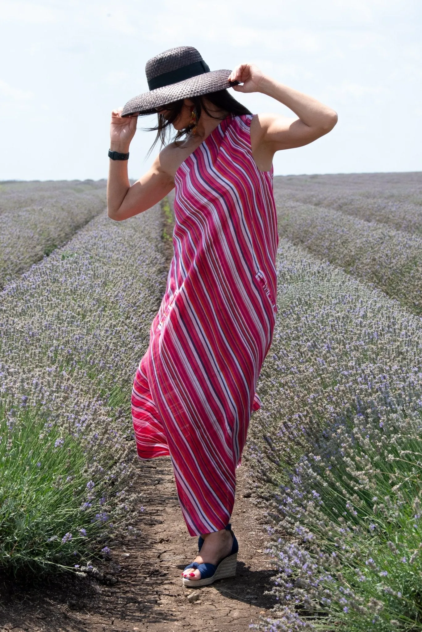 TIFFANY Pink Stripes Linen Dress With One Shoulder