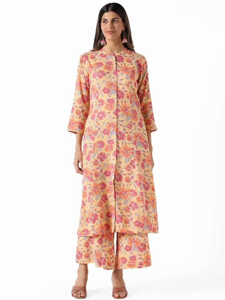Utsa Yellow Multi-coloured Printed Floral Hibiscus Palazzos