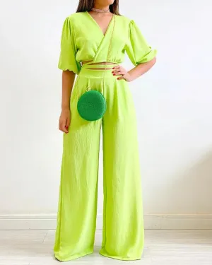 V-Neck Short-Sleeved Wide-Leg Pants Suit