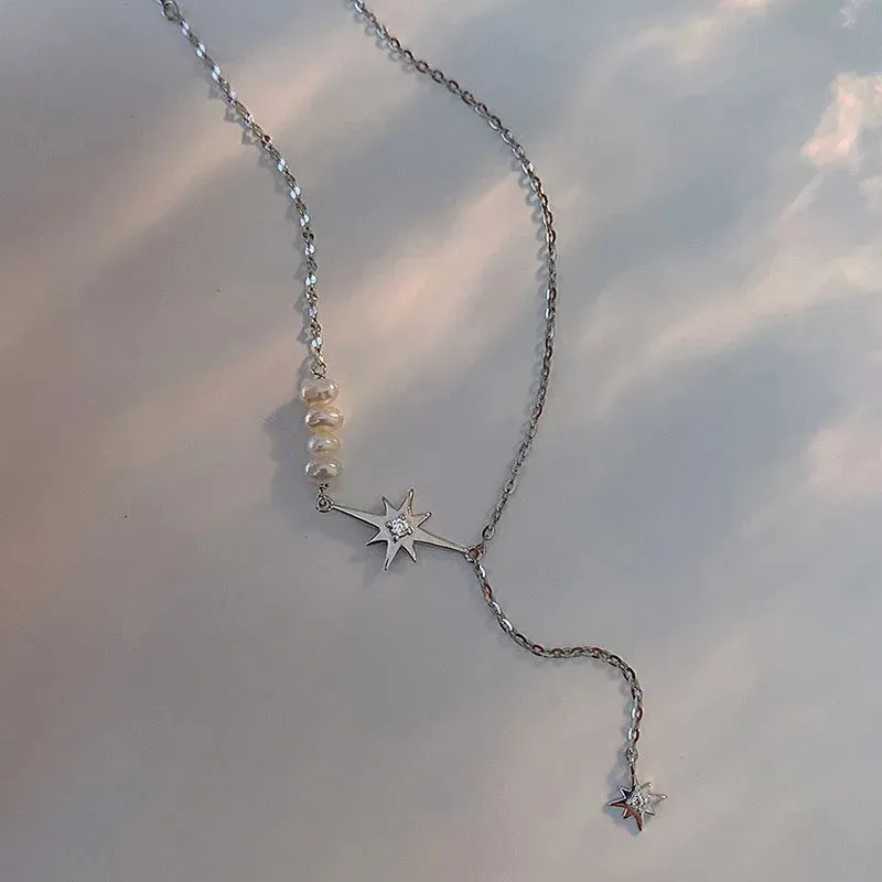 VAIGE Dazzling Silver Lariat Star & Pearl Necklace with Zircon Accents