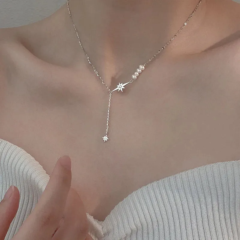 VAIGE Dazzling Silver Lariat Star & Pearl Necklace with Zircon Accents
