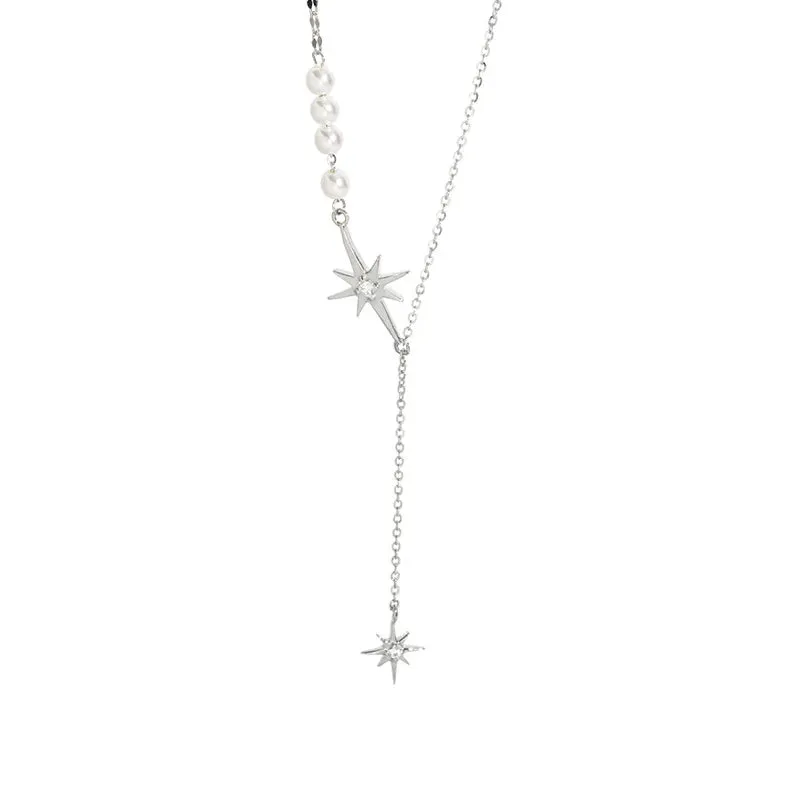 VAIGE Dazzling Silver Lariat Star & Pearl Necklace with Zircon Accents