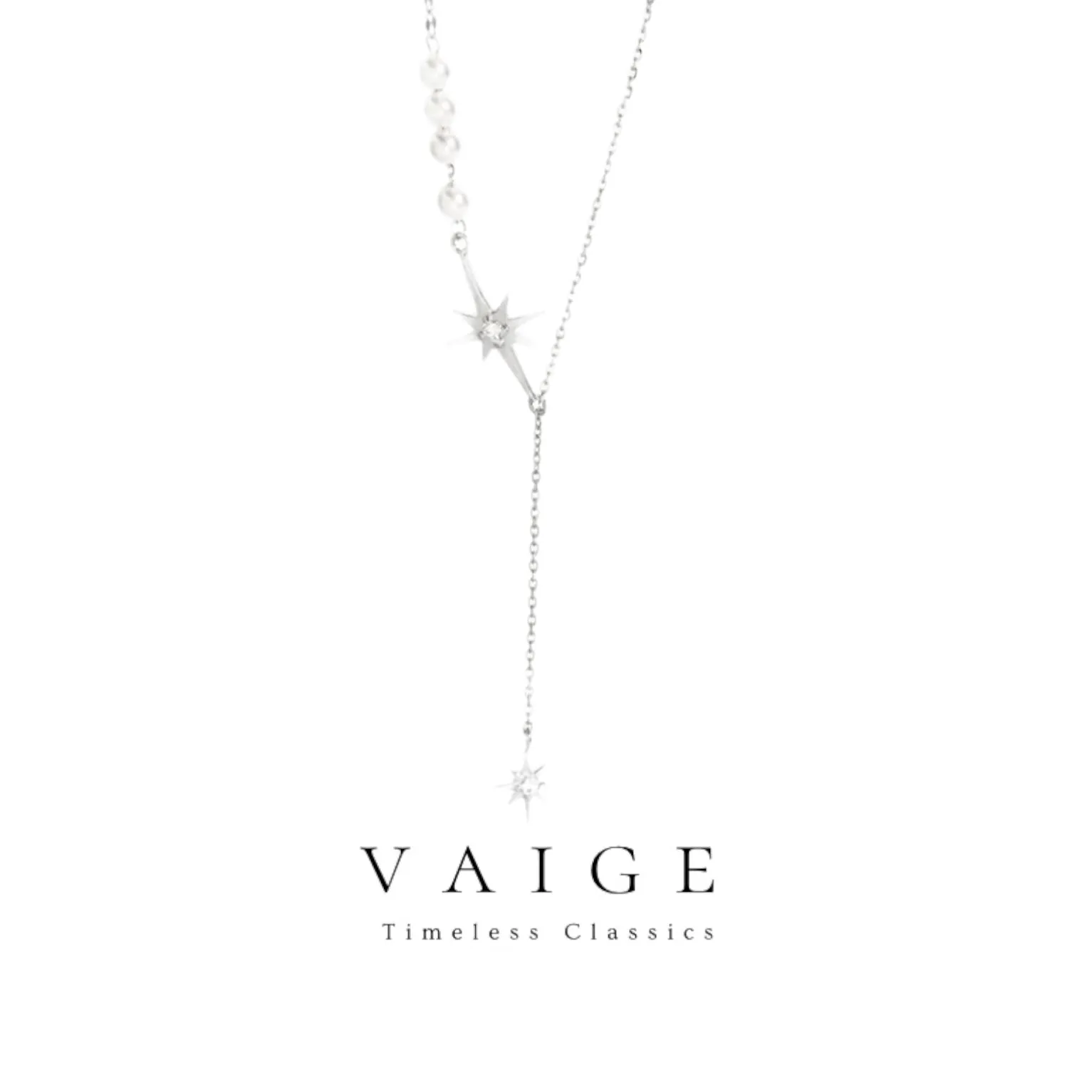 VAIGE Dazzling Silver Lariat Star & Pearl Necklace with Zircon Accents