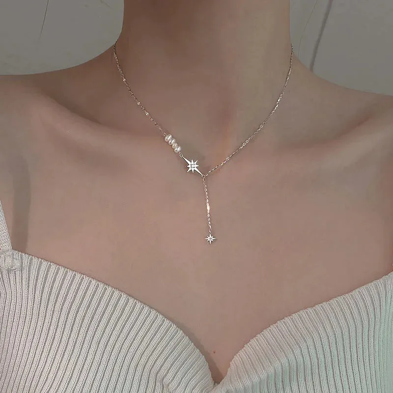 VAIGE Dazzling Silver Lariat Star & Pearl Necklace with Zircon Accents
