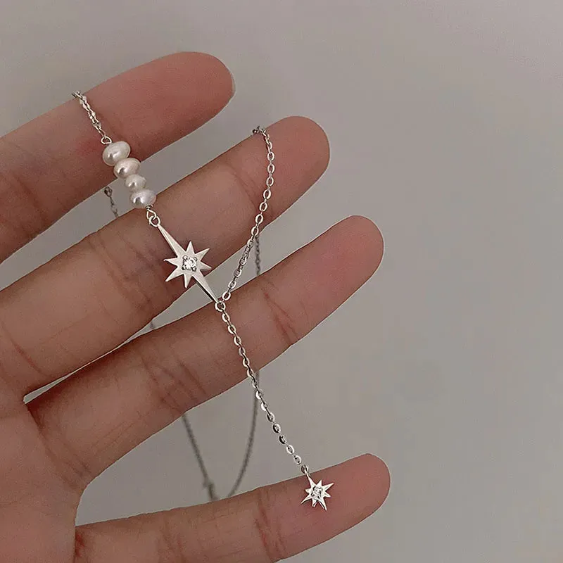 VAIGE Dazzling Silver Lariat Star & Pearl Necklace with Zircon Accents
