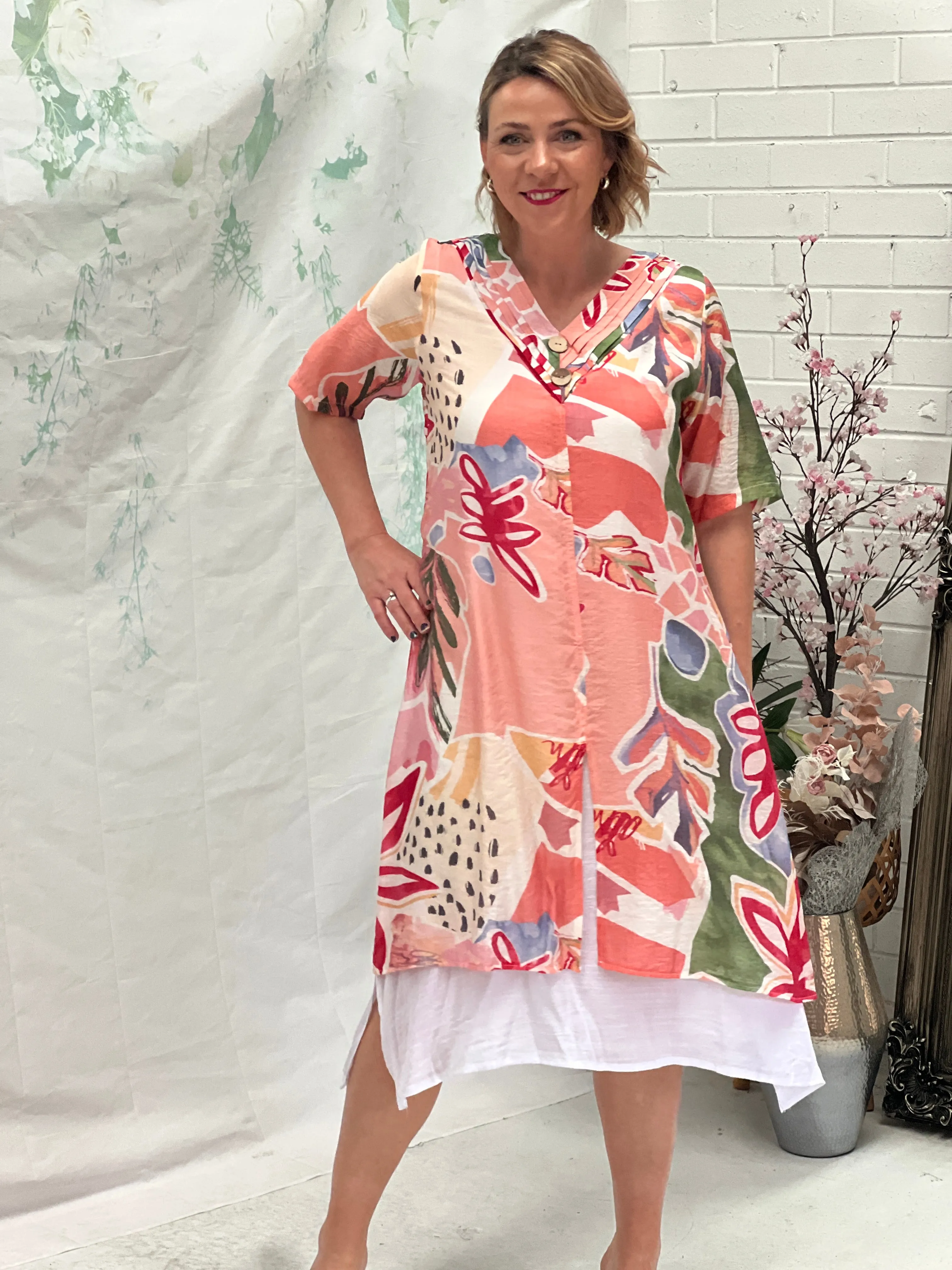 Verona Coral Abstract Layering Dress
