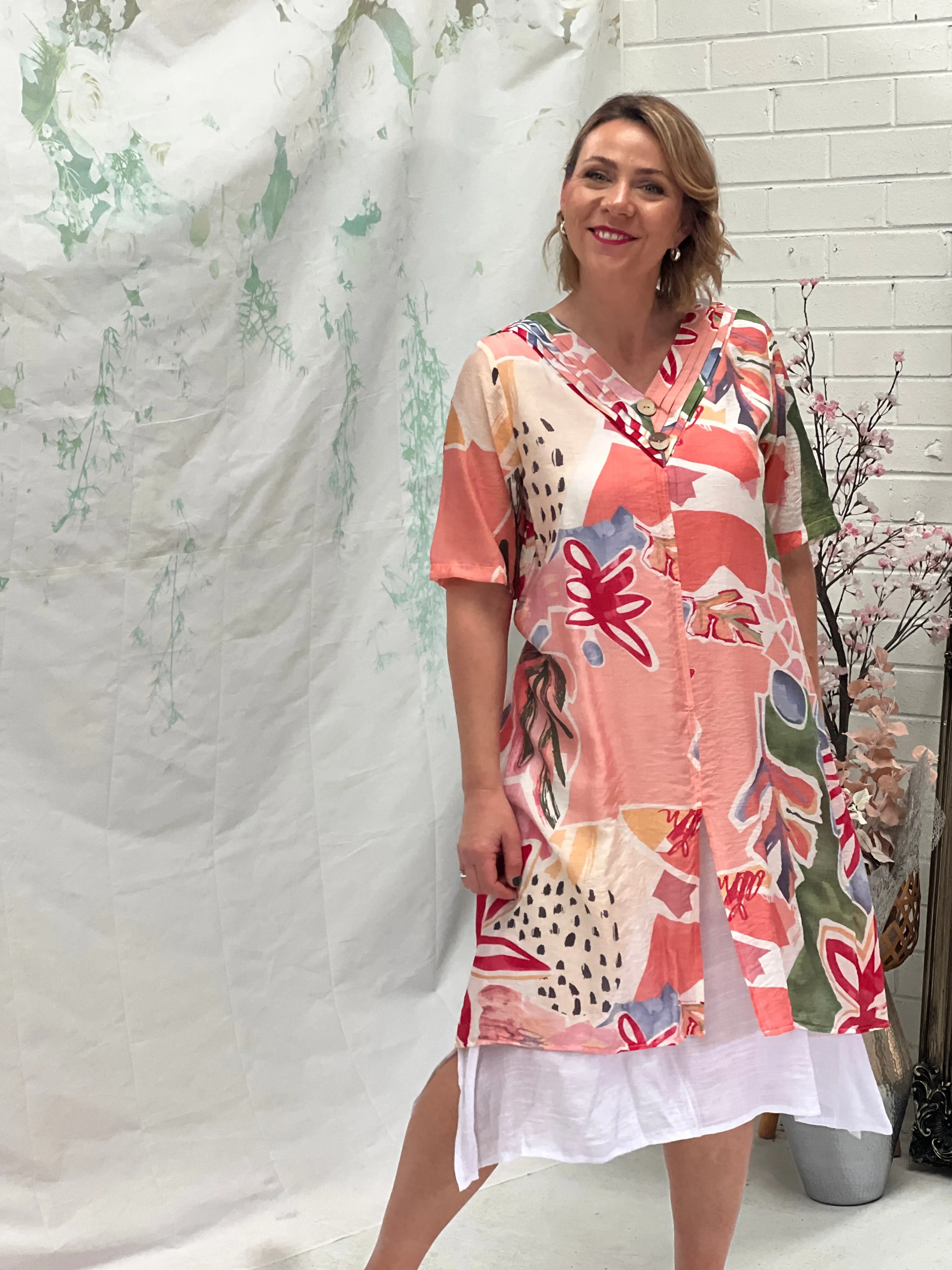 Verona Coral Abstract Layering Dress