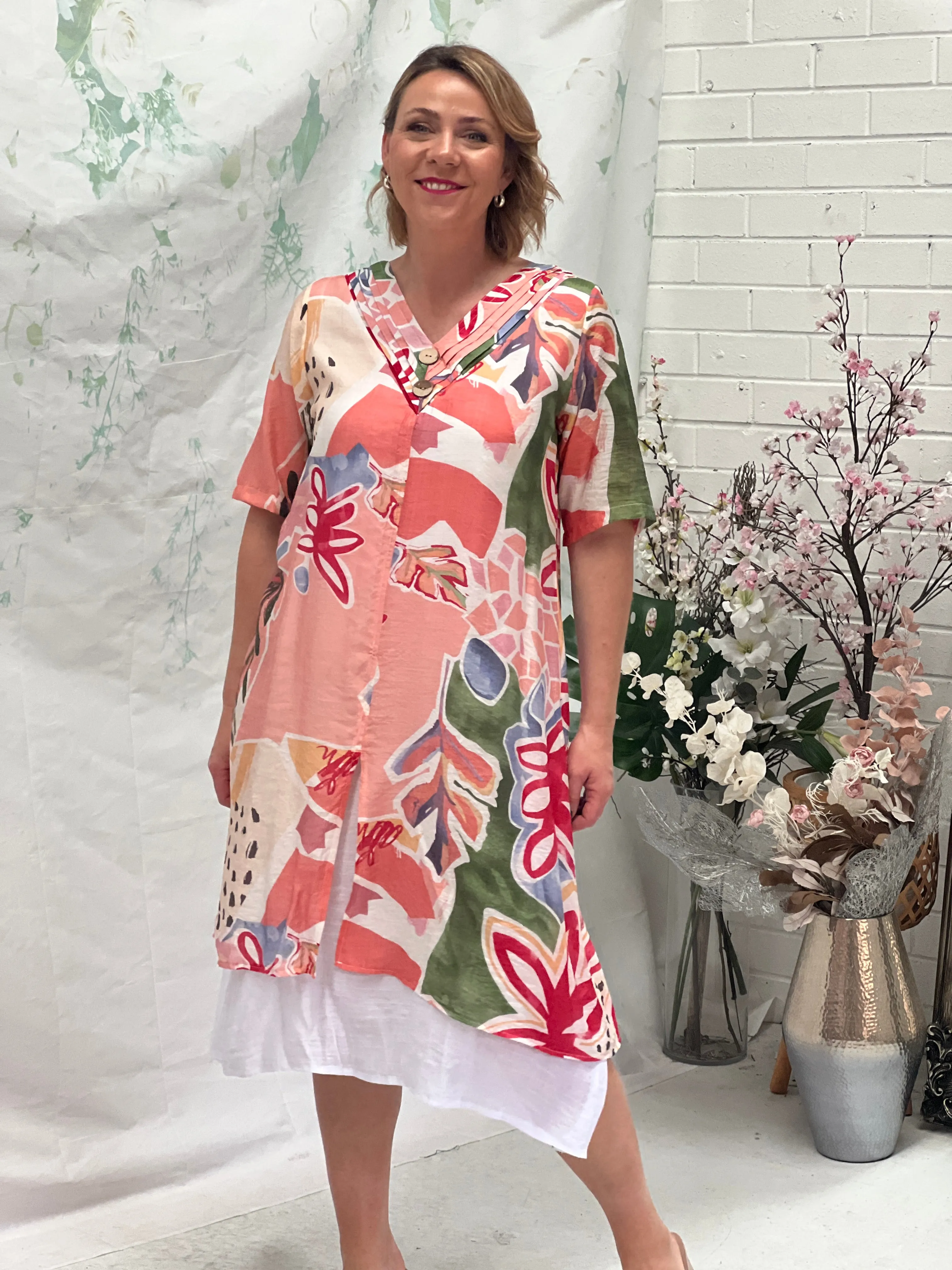 Verona Coral Abstract Layering Dress