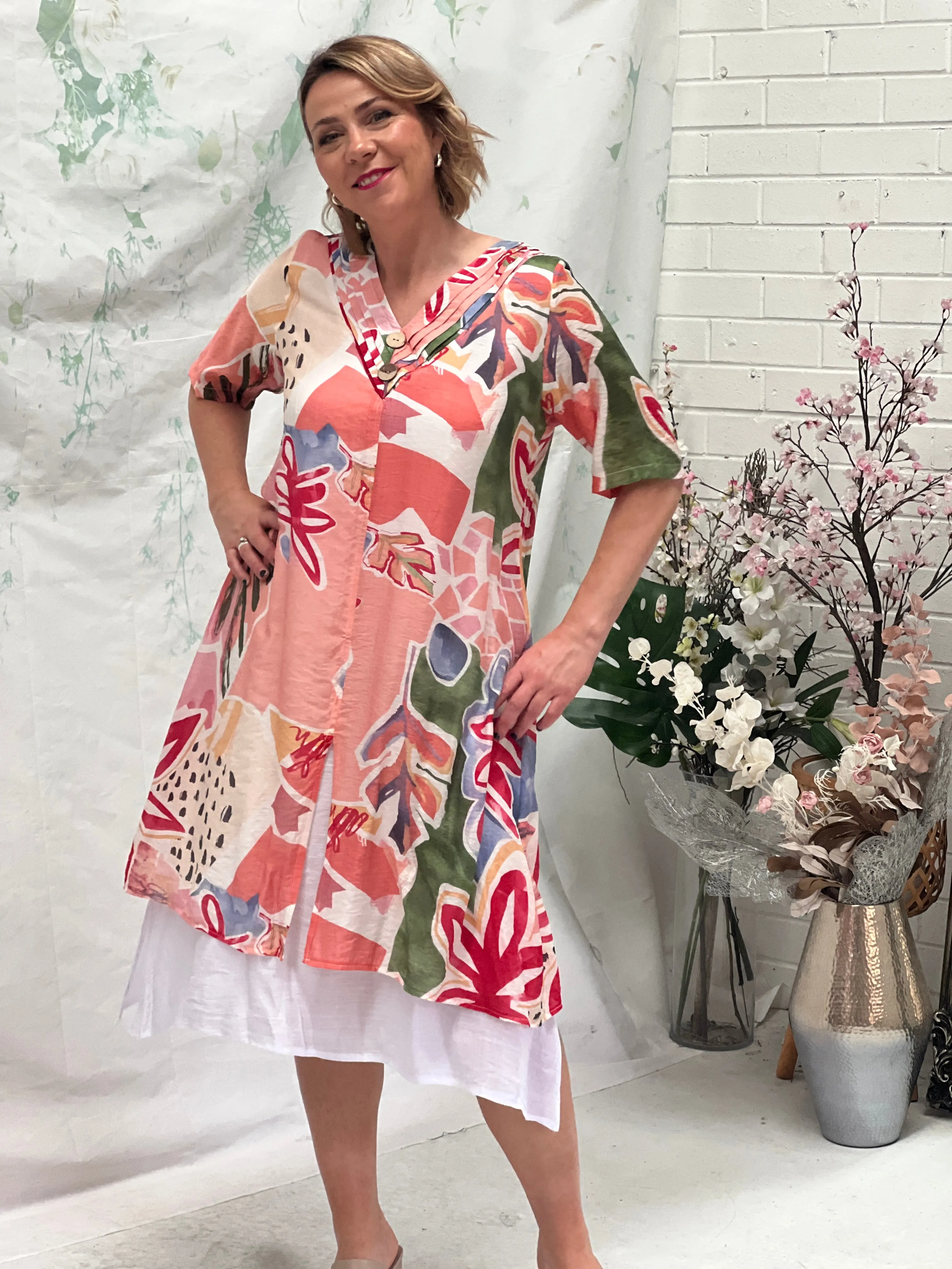 Verona Coral Abstract Layering Dress