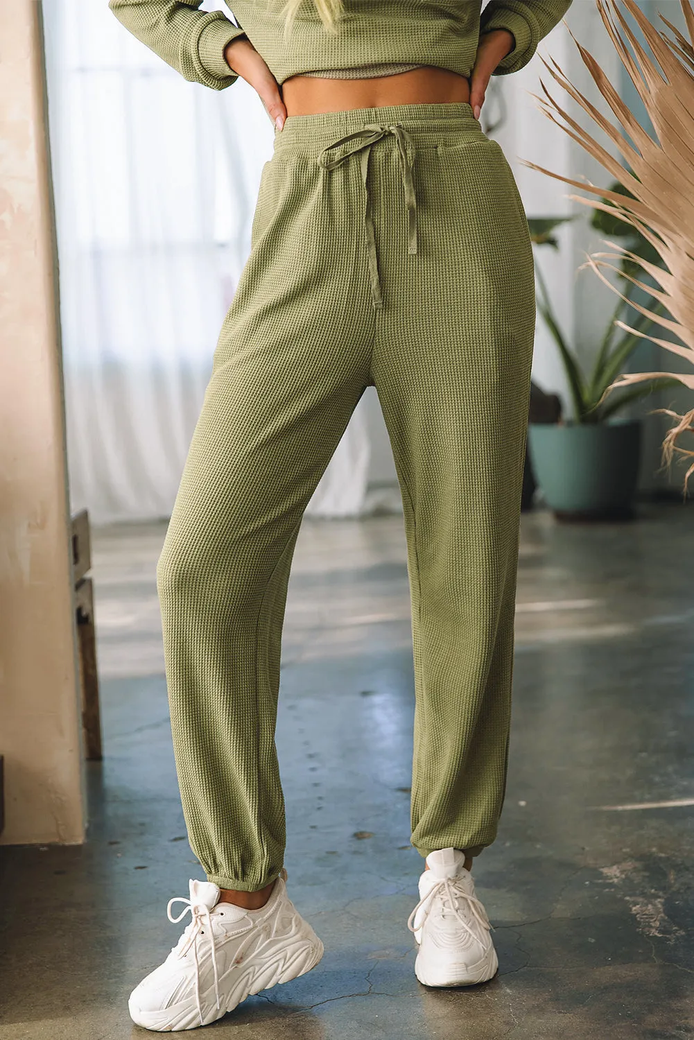 Waffle Knit Top Drawstring Joggers Set