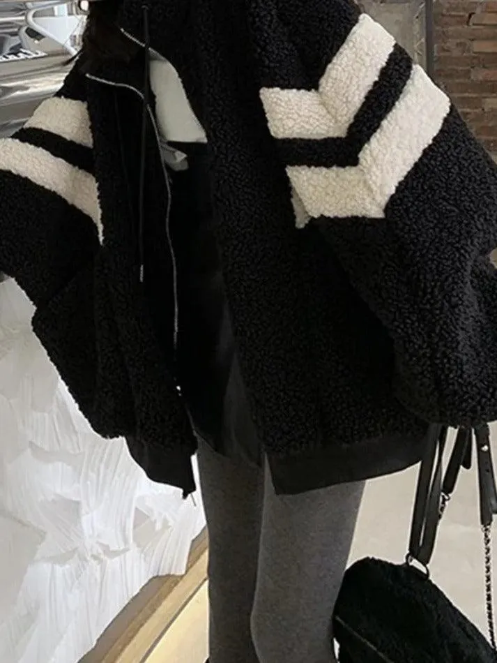 Wenkouban-Spring Casual Outfits Y2K Outfits Lambswool Stripe Splice Jacket