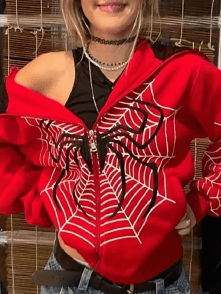 Wenkouban-Spring Casual Outfits Y2K Outfits Spider Print Zip-Up Hoodie