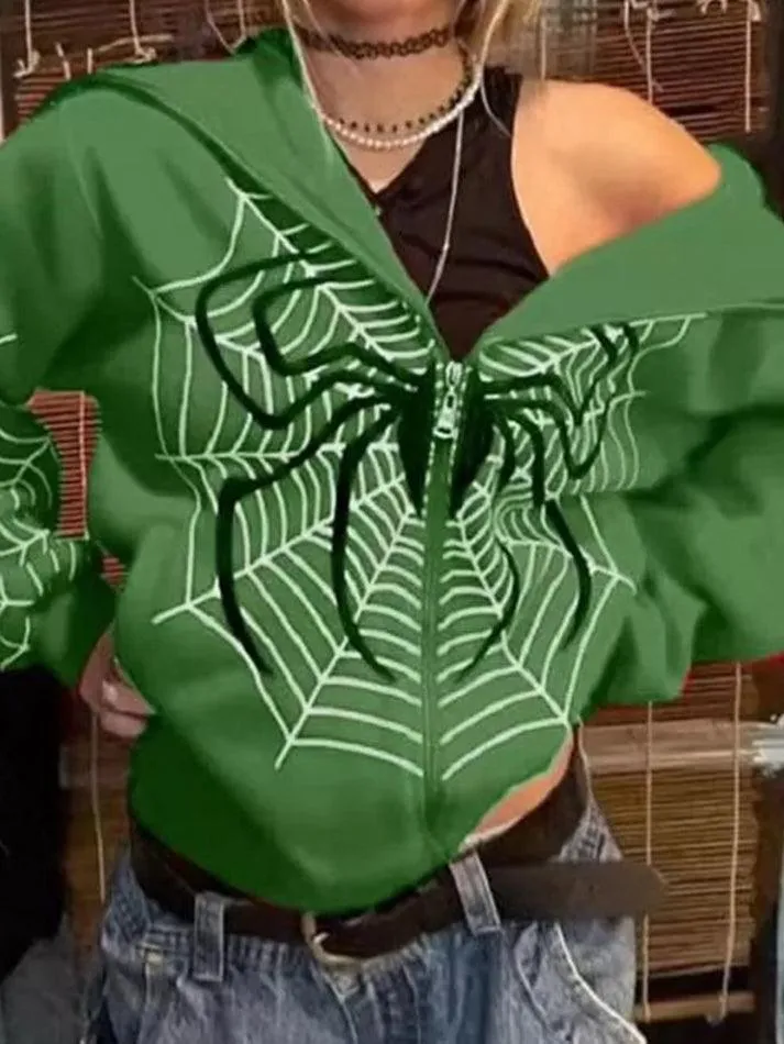 Wenkouban-Spring Casual Outfits Y2K Outfits Spider Print Zip-Up Hoodie