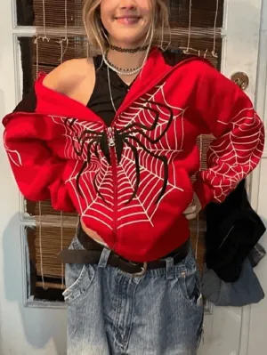 Wenkouban-Spring Casual Outfits Y2K Outfits Spider Print Zip-Up Hoodie