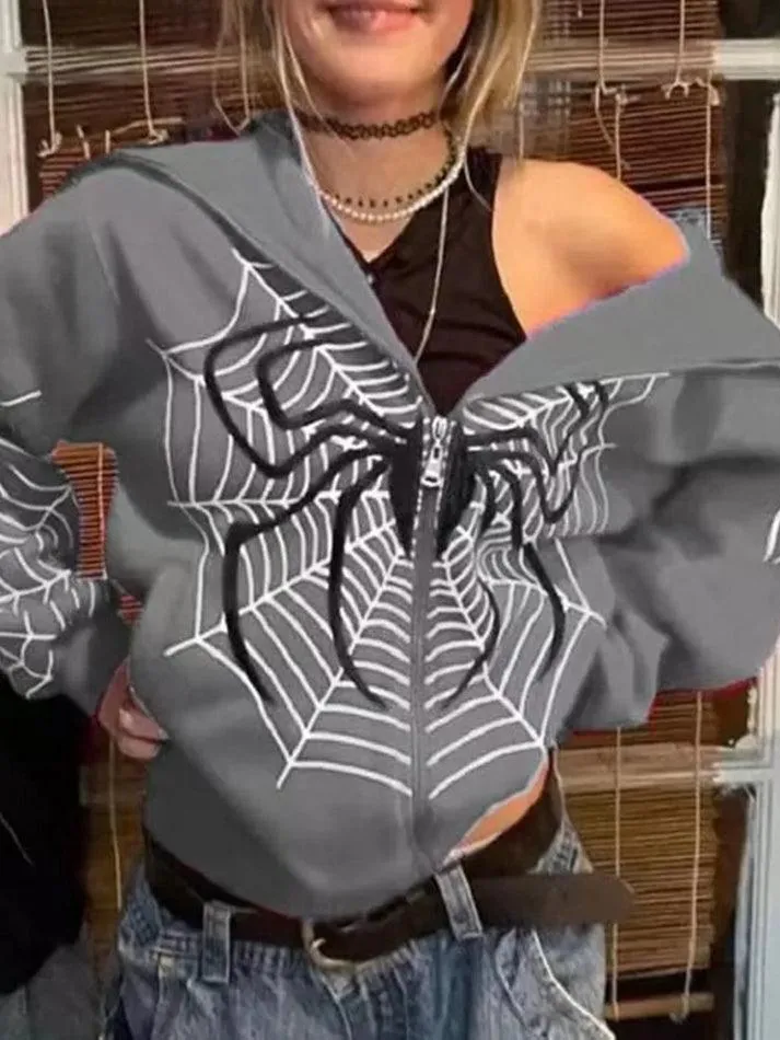 Wenkouban-Spring Casual Outfits Y2K Outfits Spider Print Zip-Up Hoodie