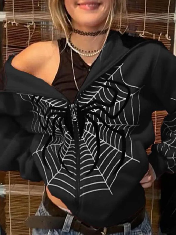Wenkouban-Spring Casual Outfits Y2K Outfits Spider Print Zip-Up Hoodie