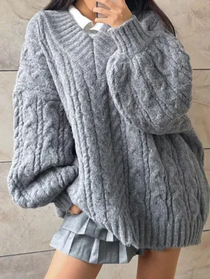 Wenkouban-Spring Casual Outfits Y2K Outfits Twist Design V Neck Loose Sweater