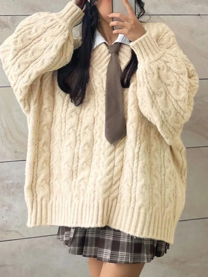 Wenkouban-Spring Casual Outfits Y2K Outfits Twist Design V Neck Loose Sweater