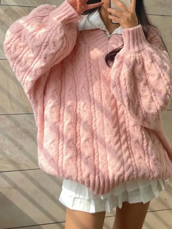 Wenkouban-Spring Casual Outfits Y2K Outfits Twist Design V Neck Loose Sweater