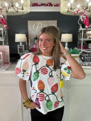 White Christmas Lights Tee With Poof Sequin Sleeves