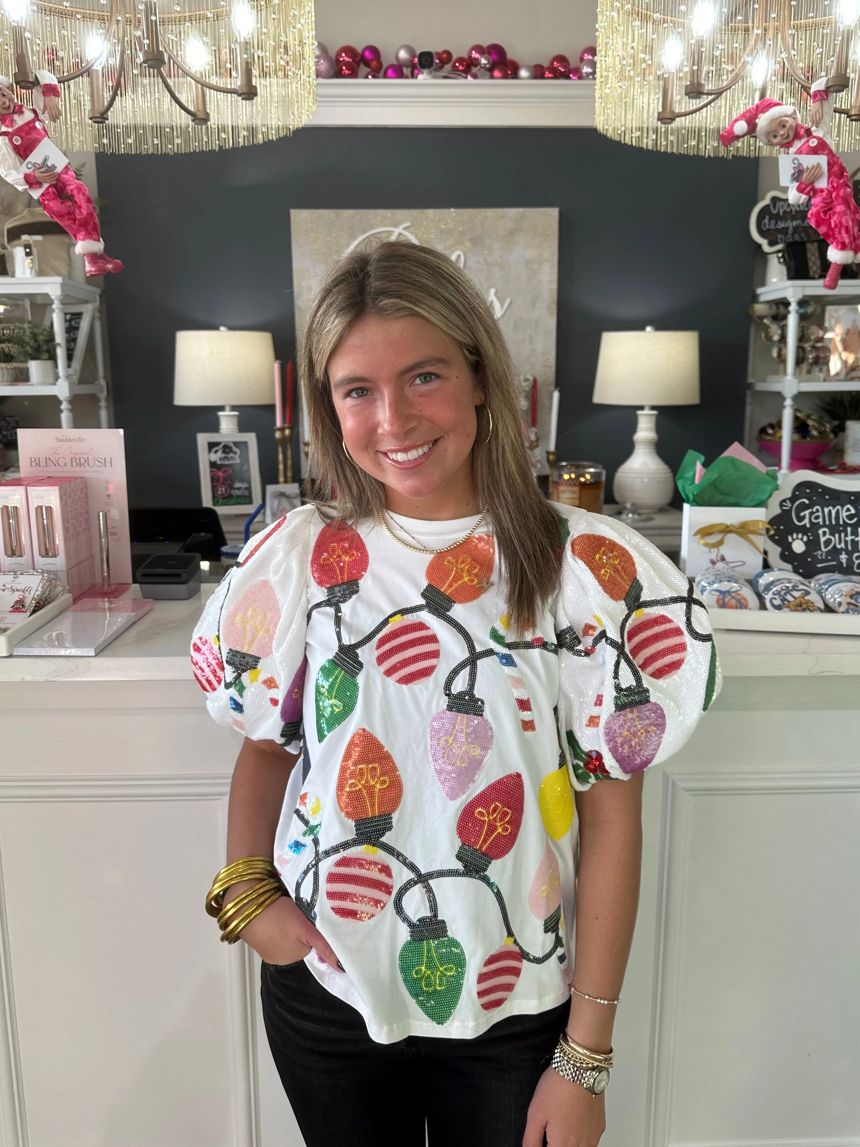 White Christmas Lights Tee With Poof Sequin Sleeves