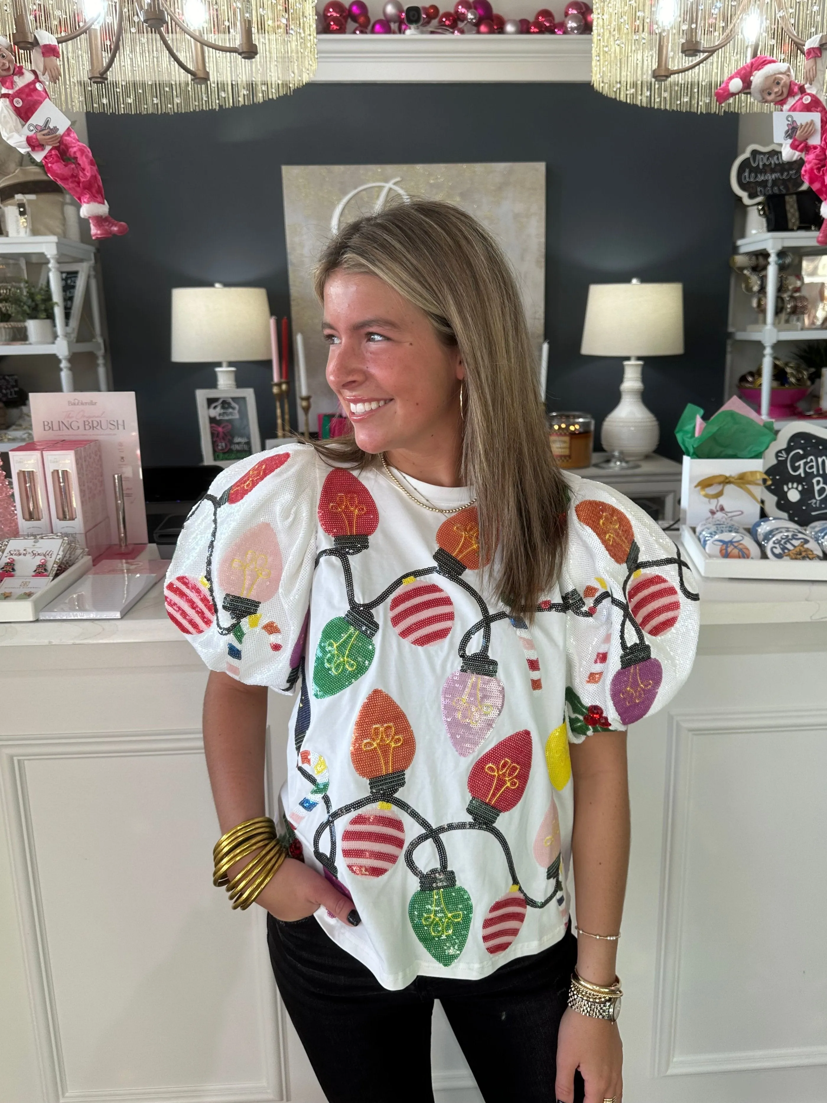 White Christmas Lights Tee With Poof Sequin Sleeves