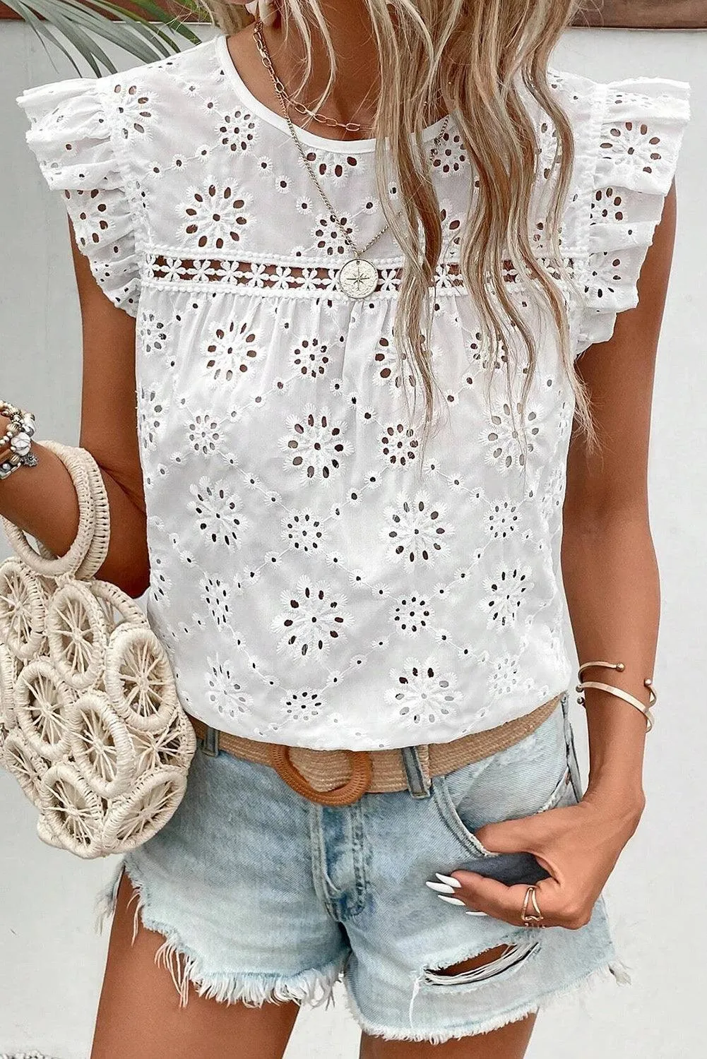 White Eyelet Embroidered Ruffle Shoulder Sleeveless Blouse