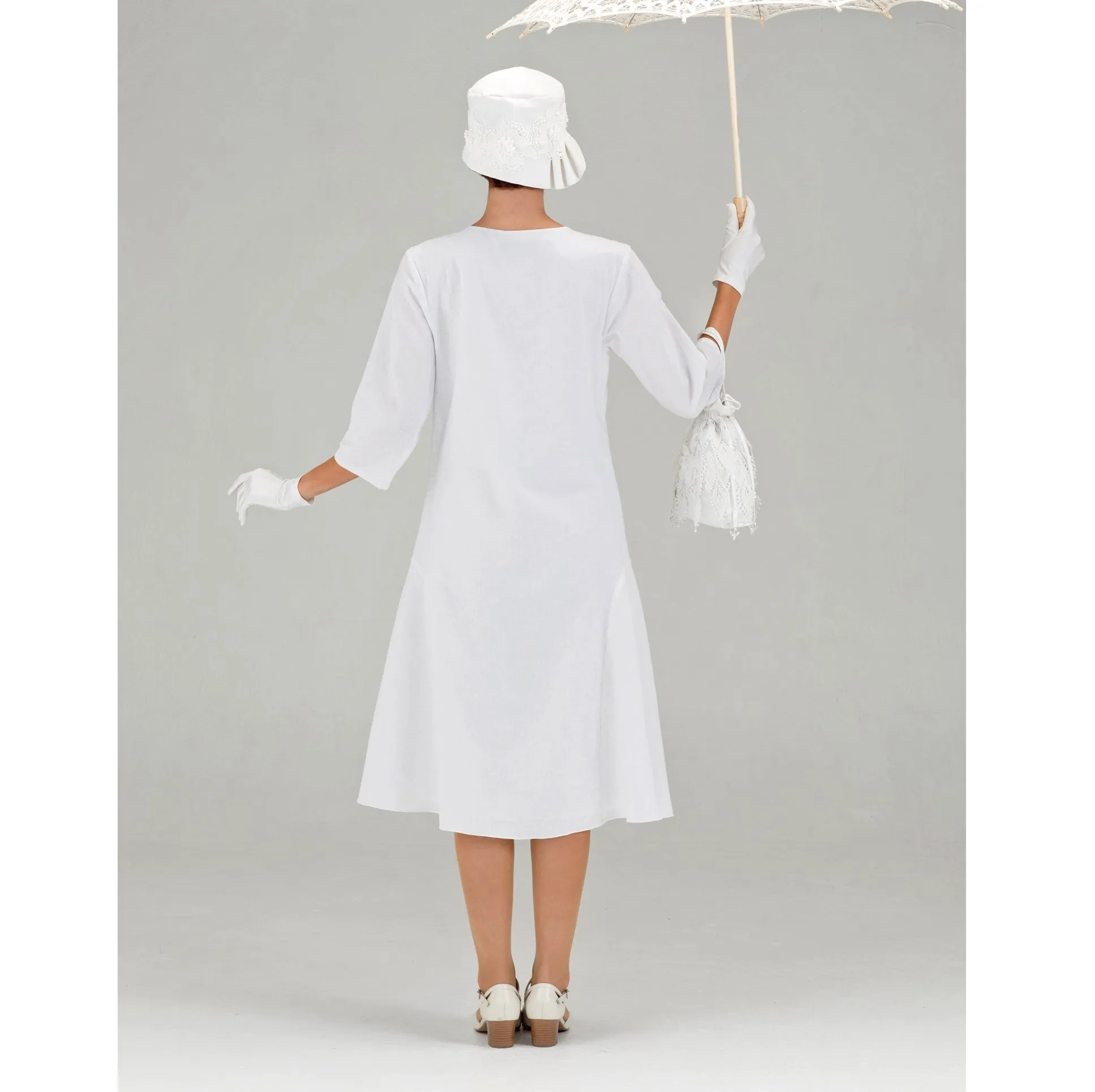 White Gatsby cotton dress with small puritan collar and 3/4 sleeves