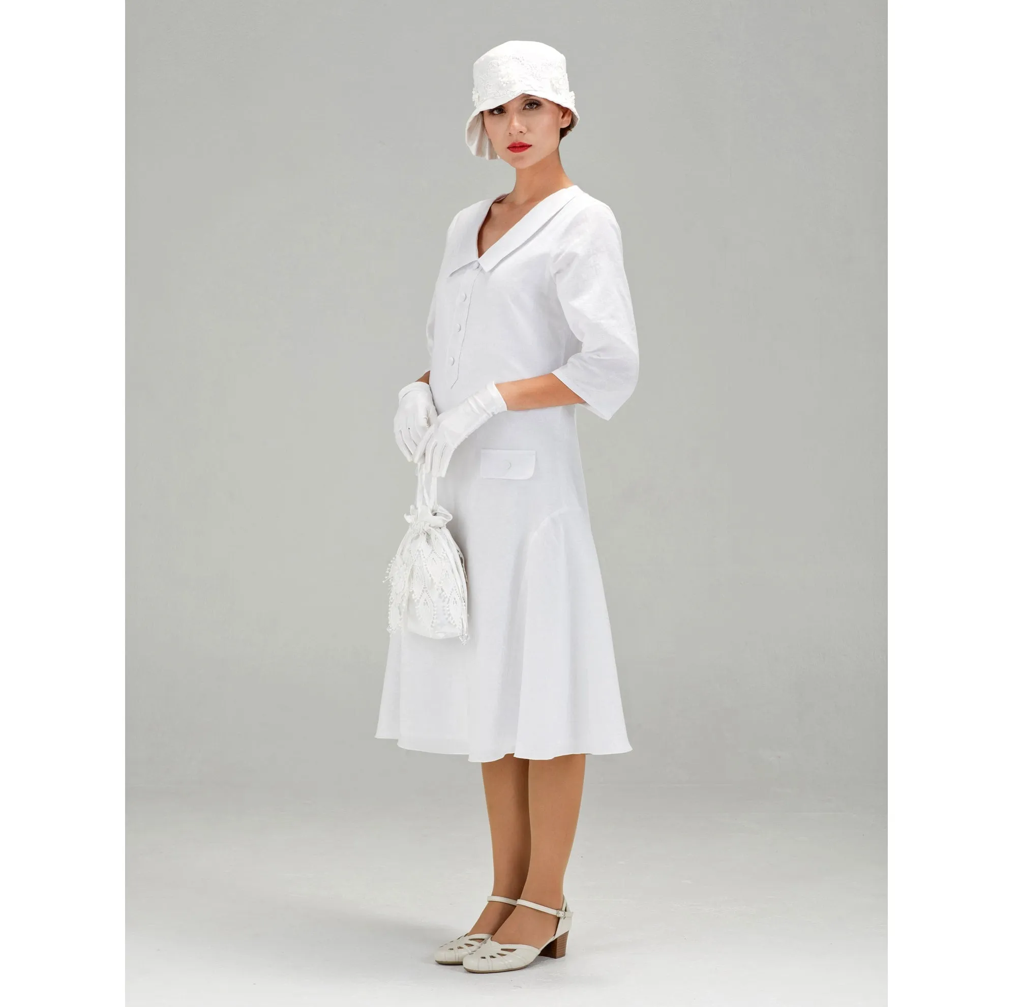 White Gatsby cotton dress with small puritan collar and 3/4 sleeves
