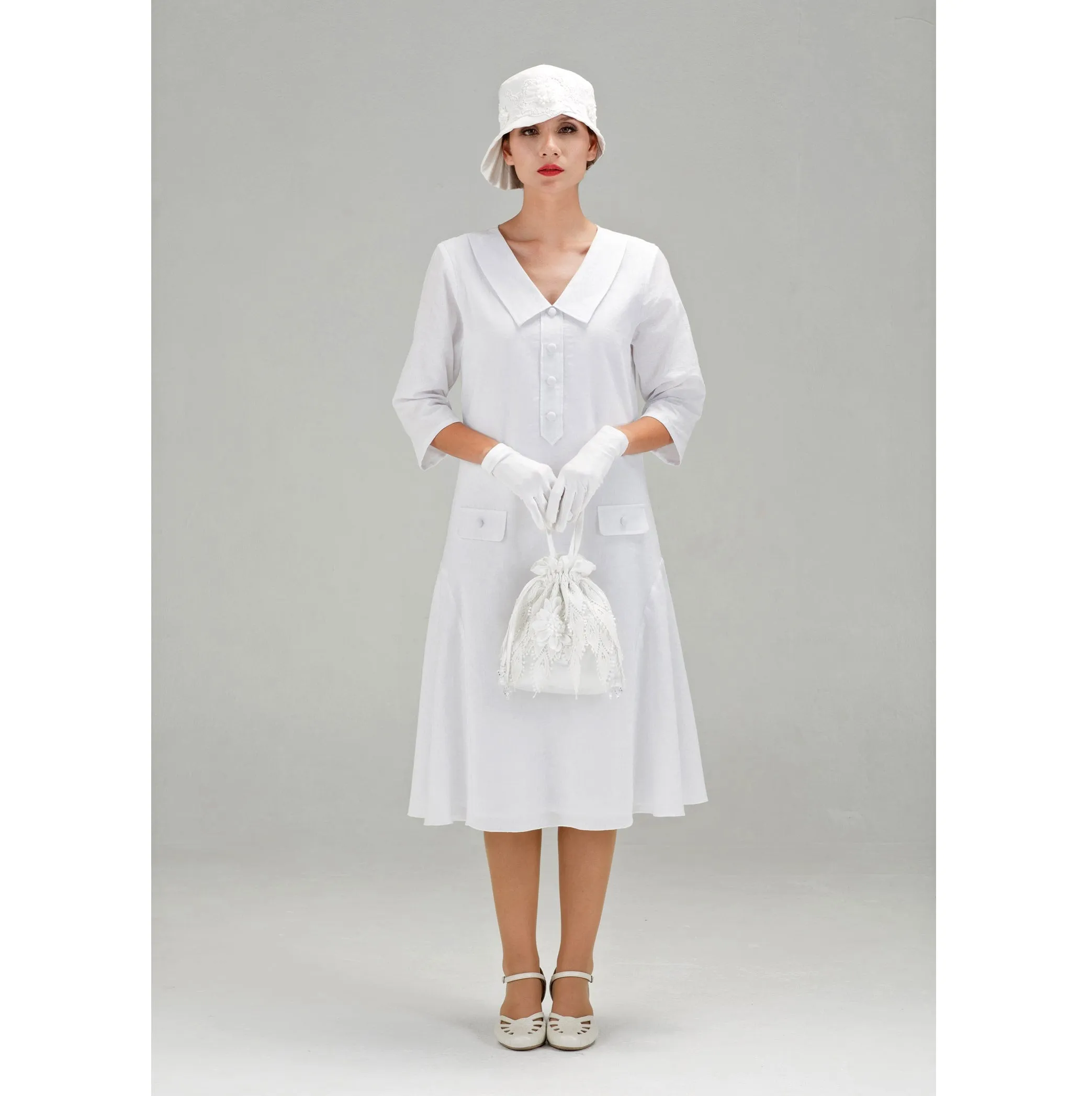 White Gatsby cotton dress with small puritan collar and 3/4 sleeves
