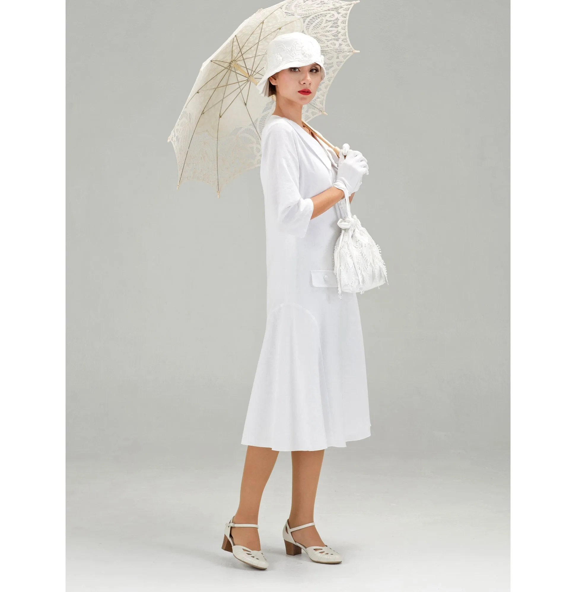 White Gatsby cotton dress with small puritan collar and 3/4 sleeves