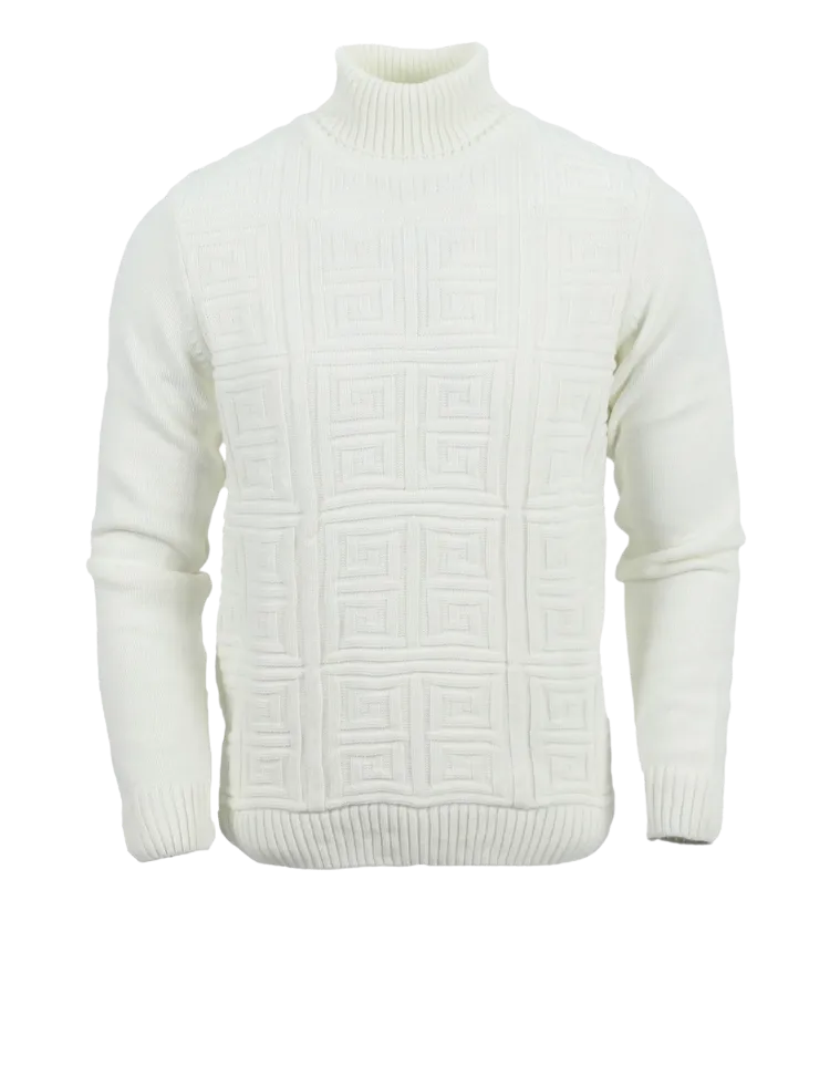 White Men's Greek Key Turtleneck Sweaters Light Blend Slim Fit